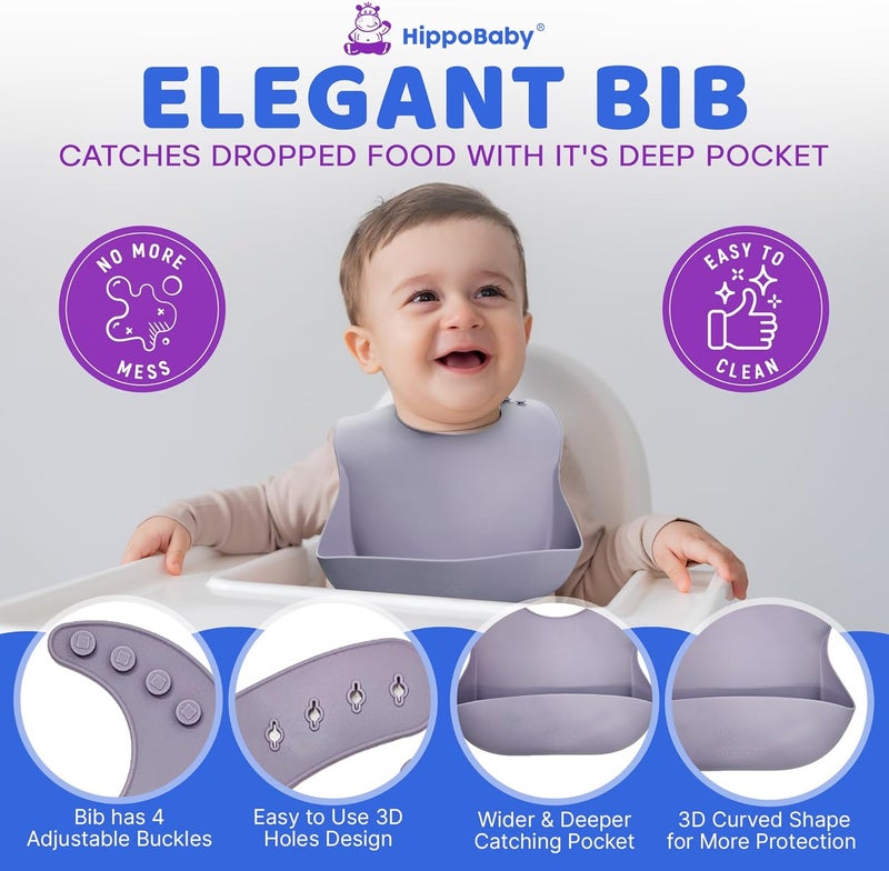 HippoBaby لوازم الفطام بالاعتماد على الذات للأطفال | مجموعة تغذية من 10 قطع مصنوعة من السيليكون | مريلة وكوب وصحن مقسم ووعاء وأدوات تغذية ذاتية للأطفال | أدوات الأطفال | لوازم تغذية الأطفال (لافندر) - Image 5